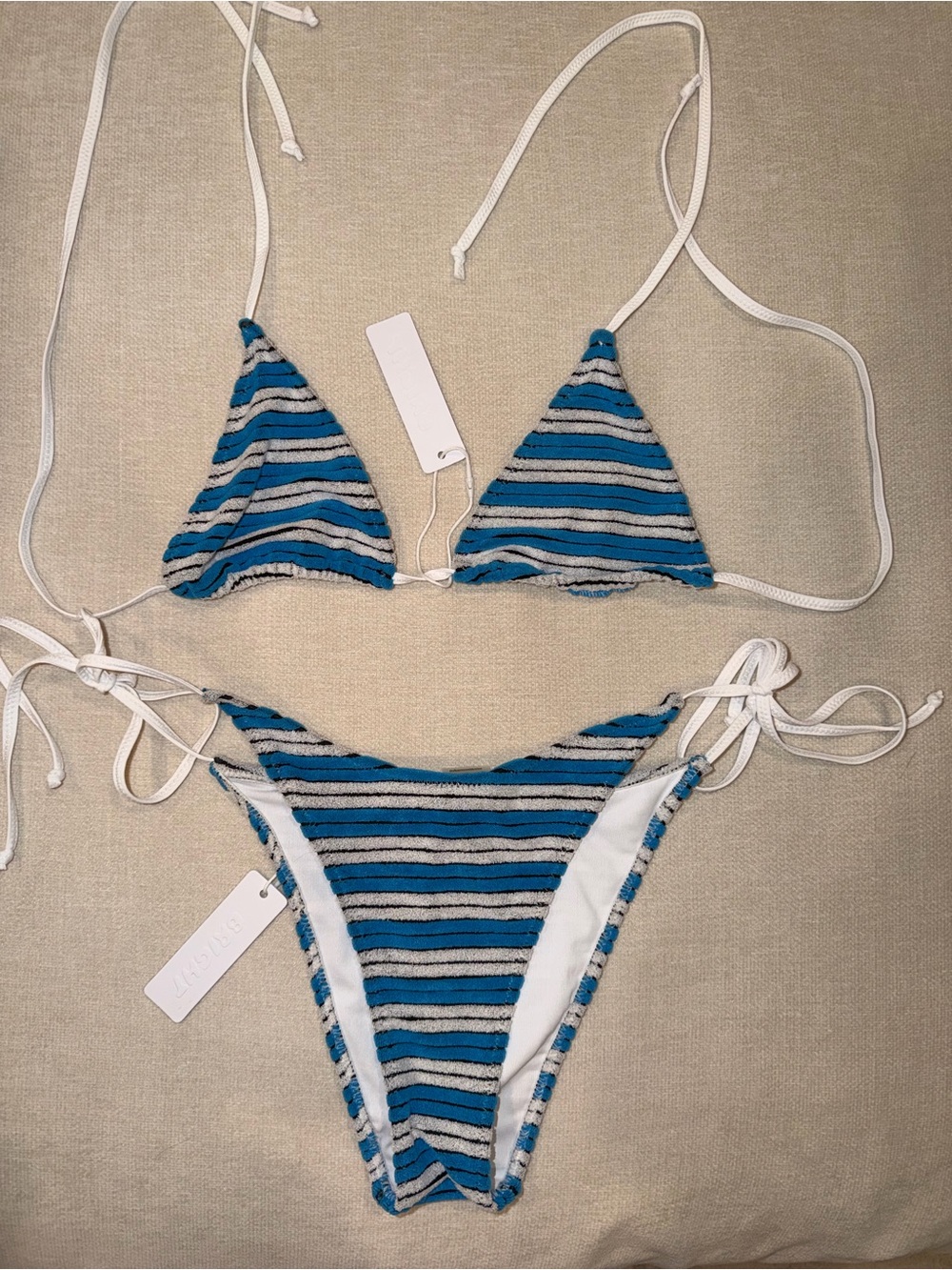 Bright Swimwear Striped Blue Tie-Side Triangle Bikini Set- Women Swim